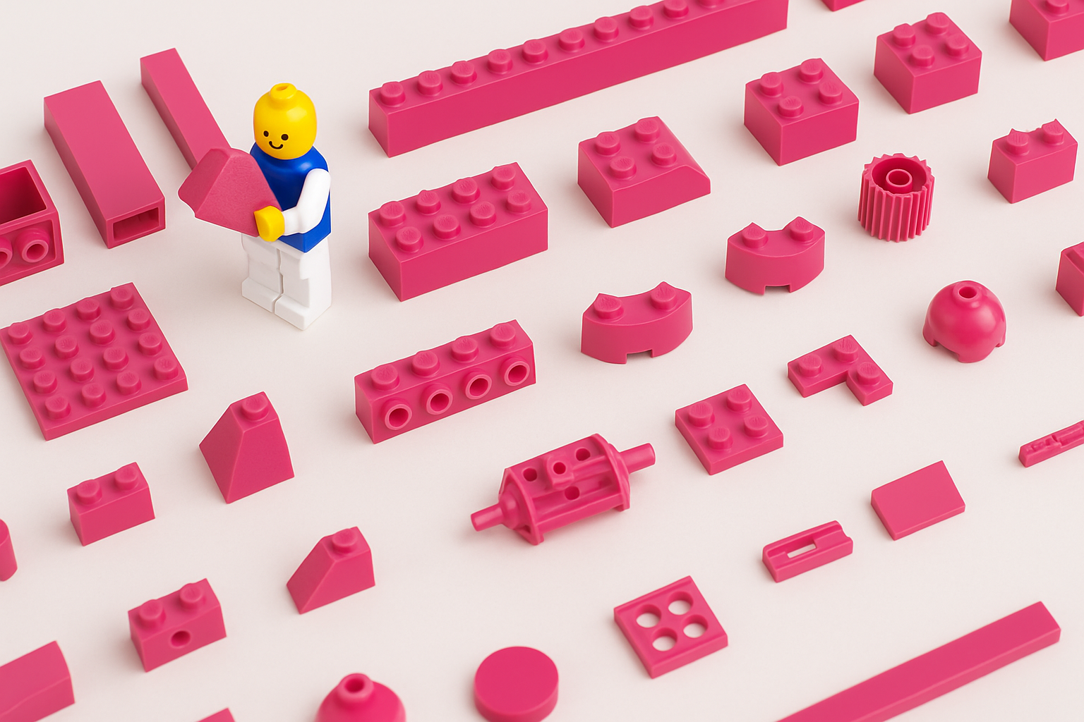 Pink building blocks surrounding a single minifigure